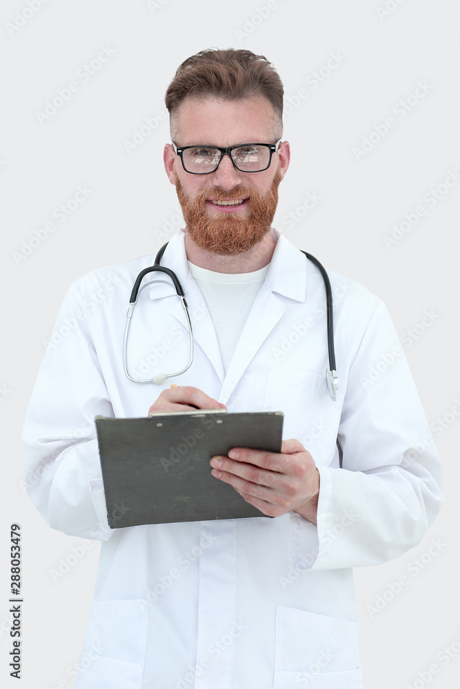 medical doctor writes a medical report. isolated on white medical doctor writes a medical report. isolated on white