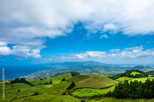 Pico do Carvao viewpoint facing northern and south coast and natural pastures of Sao Miguel Island, Azores Portugal