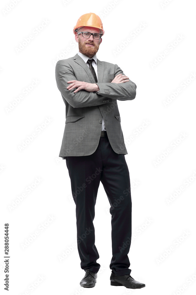 confident businessman in a protective helmet . isolated on white confident businessman in a protective helmet . isolated on white