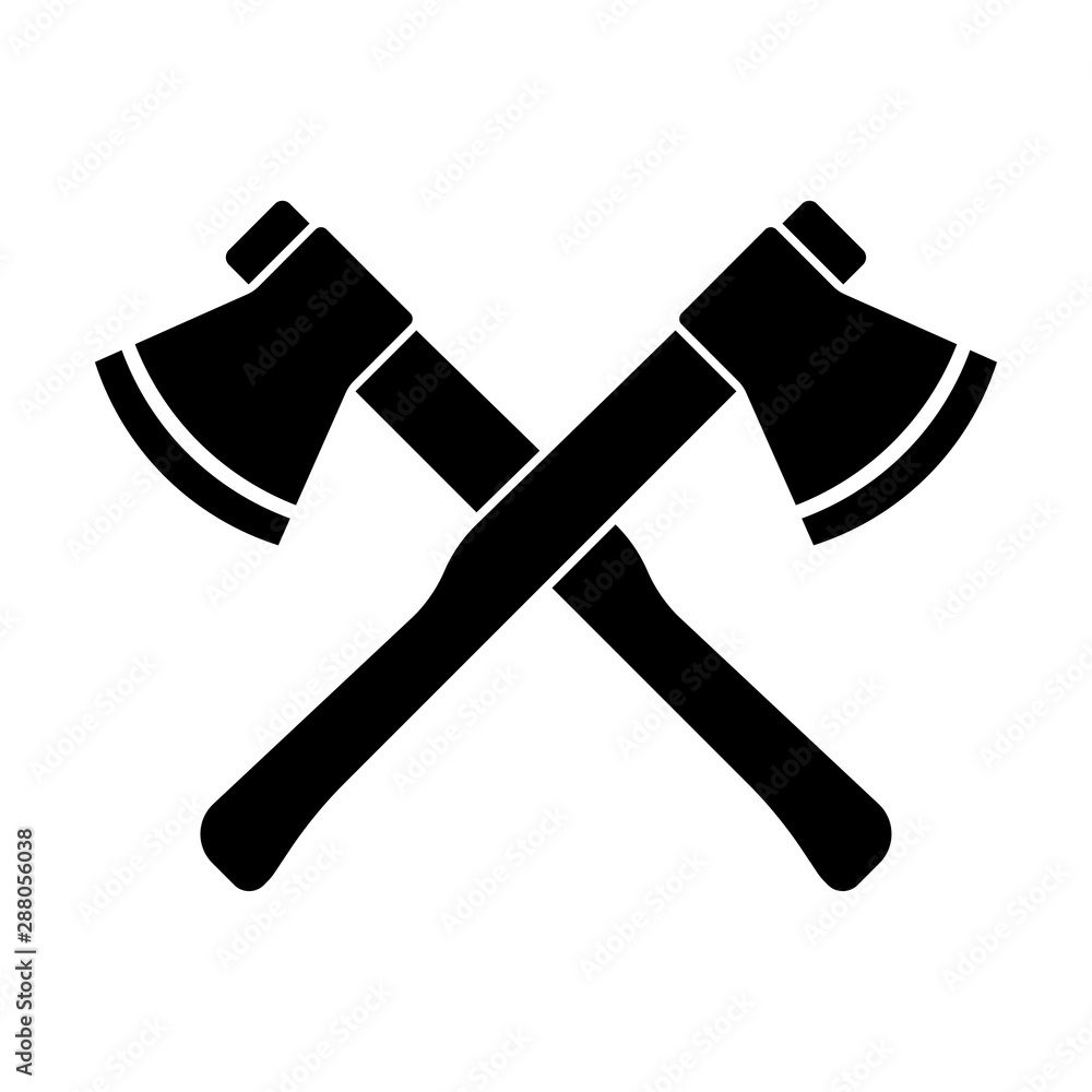 Icon two crossed axes. Vector drawing. Black silhouette. Isolated object on a white background. Isolate. Icon two crossed axes. Vector drawing. Black silhouette. Isolated object on a white background. Isolate.