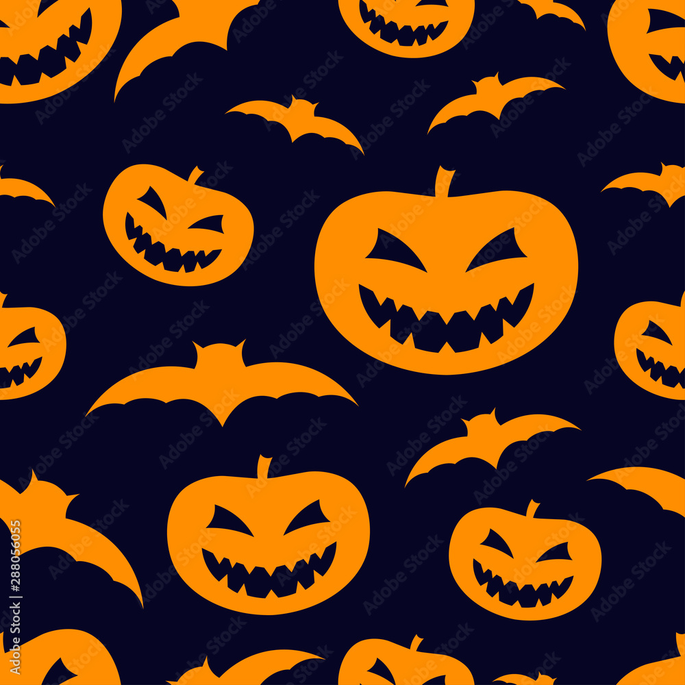 Seamless pattern. Pumpkins and bats on a blue background. Vector drawing. Halloween texture. Seamless pattern. Pumpkins and bats on a blue background. Vector drawing. Halloween texture.