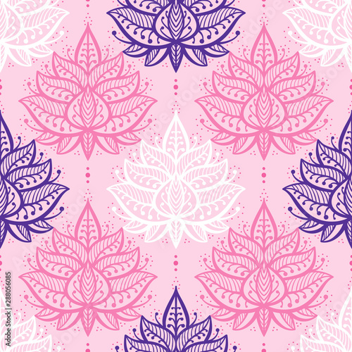 Ethnic Oriental Mehndi Lotus Flower Symbol Seamless Pattern. Pink Purple and White Ornamental Floral Pattern Vector Background