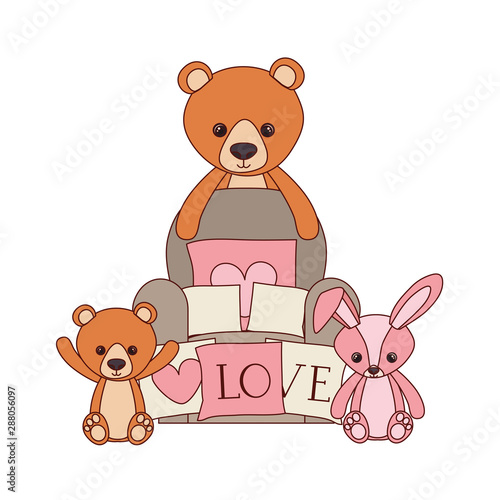 cute bear and rabbit stuffed baby toys in livingroom