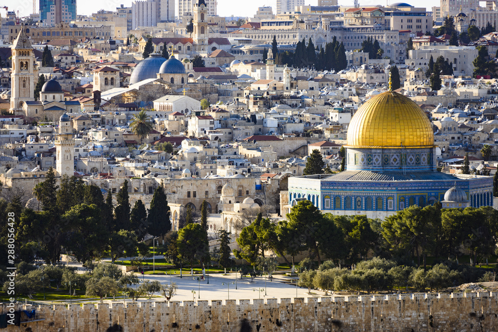 View from above, stunning view of the Jerusalem skyline with the beautiful Dome of the Rock (Al-Aqsa Mosque). Picture taken from the Mount of Olives adjacent to Jerusalem's Old City.