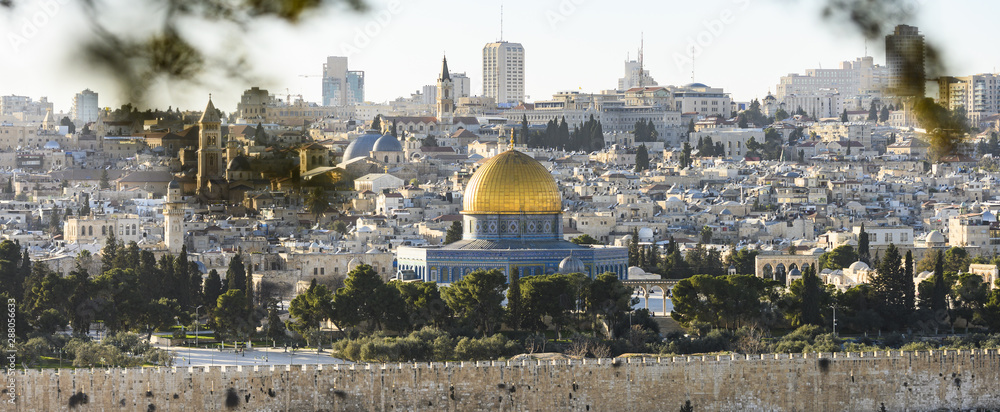 View from above, stunning view of the Jerusalem skyline with the beautiful Dome of the Rock (Al-Aqsa Mosque). Picture taken from the Mount of Olives adjacent to Jerusalem's Old City.