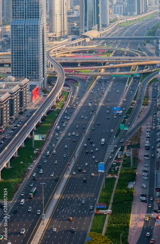 Dubai car traffic, busy Sheikh Zayed road. Dubai Downtown. United Arab Emirates. May 2019