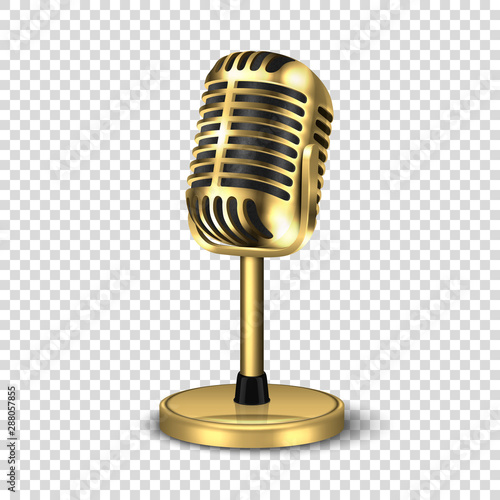 Vector 3d Realistic Steel Golden Retro Concert Vocal Microphone with Stand Icon Closeup Isolated on Transparent Background. Design Template of Vintage Karaoke Metal Mic. Front view