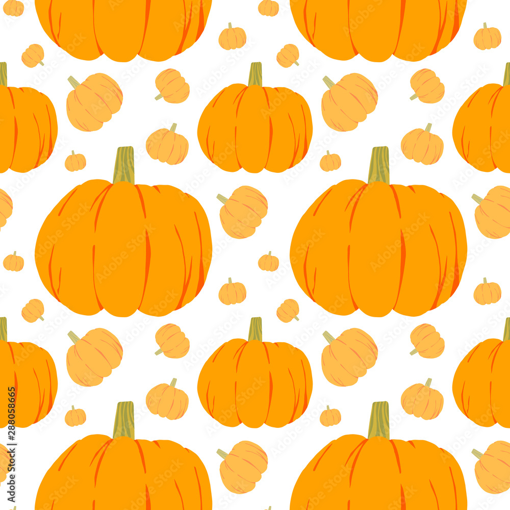 Vector seamless pattern with orange pumpkins on white background. Fall season. Halloween illustration. October harvest. Thanksgiving day