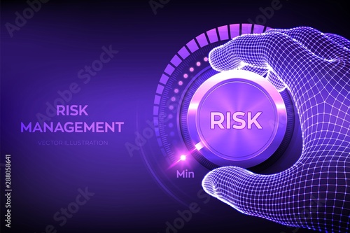 Risk levels knob button. Wireframe hand turning a risk level knob to the minimum position. Risk management business concept. Vector illustration.