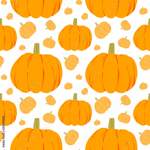 Vector seamless pattern with orange pumpkins on white background. Fall season. Halloween illustration. October harvest. Thanksgiving day