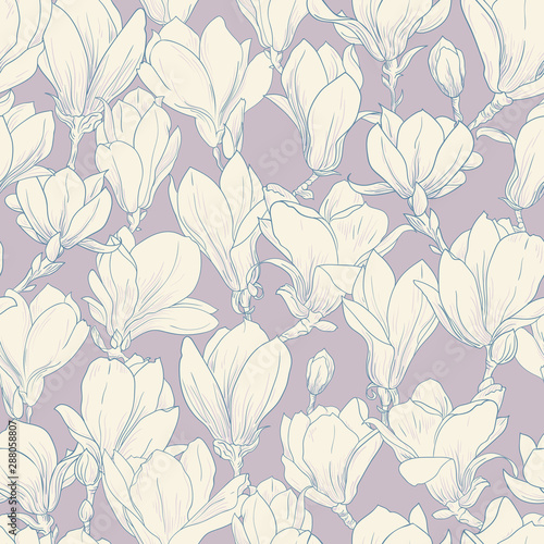 Magnolia pattern, blue line floral ornament. Seamless background. Hand drawn illustration in vintage style, cream color