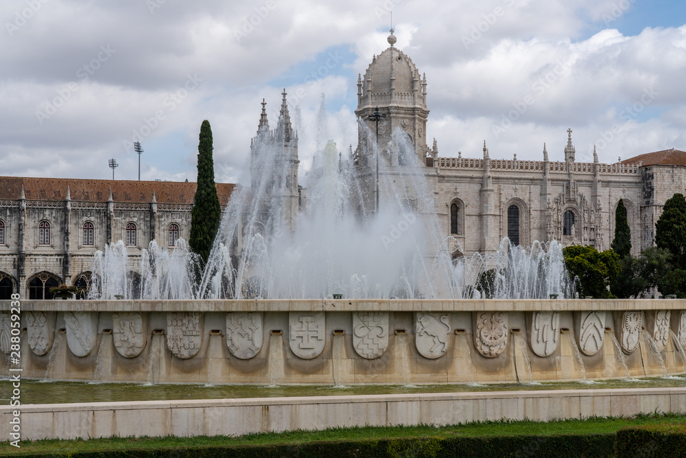 Detail of the magnificent fountain and exterior on the Monastery of Jeronimos in Belem