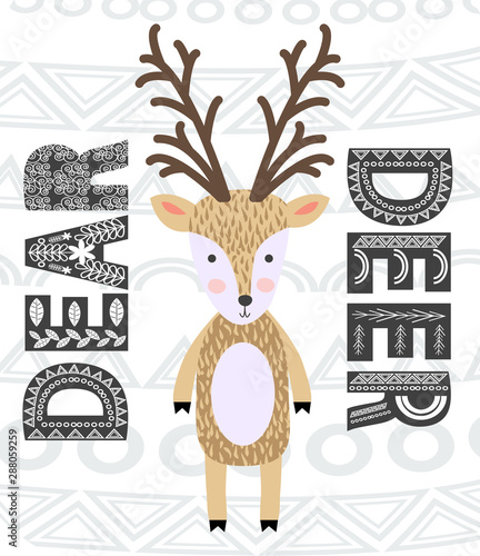 Deer hand drawn illustration. Wild animal with antlers drawing in scandinavian style. Cute cartoon reindeer character poster.