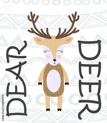 Deer hand drawn illustration. Wild animal with antlers drawing in scandinavian style. Cute cartoon reindeer character poster.