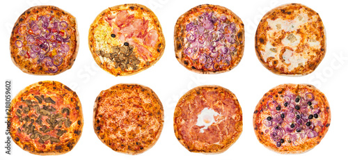 Eight different pizza set for menu or banner. Onion Pepperoni, Four Season, tuna and onion, four cheese, pizza with mushroom, margherita, egg and olive onions. White background.