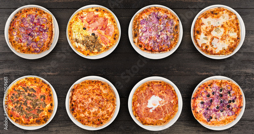 Eight different pizza set for menu or banner. Onion Pepperoni, Four Season, tuna and onion, four cheese, pizza with mushroom, margherita, egg and olive onions. Concept Pizza delivery service to home