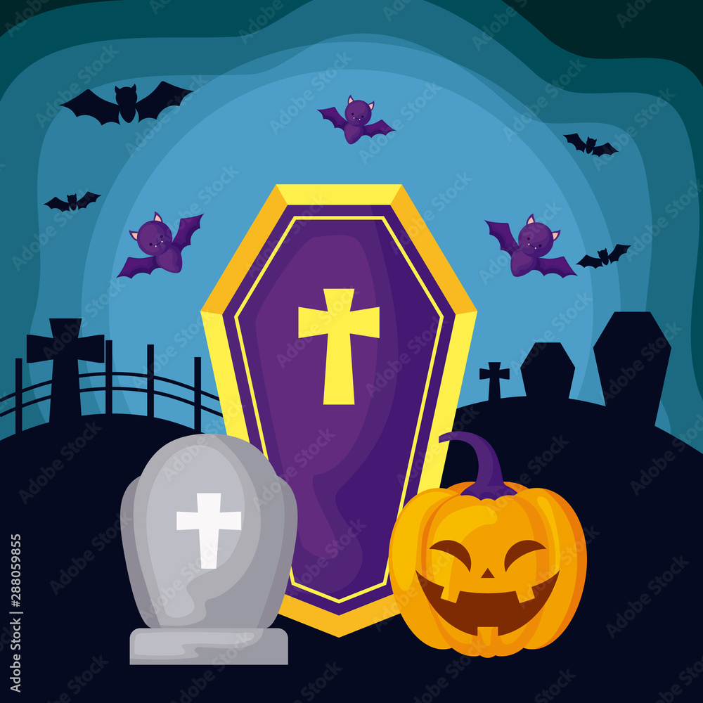 tombstone with icons in scene halloween