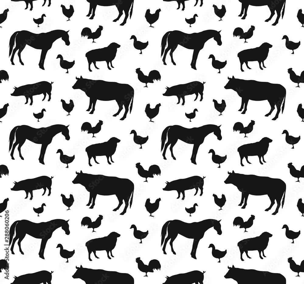Vector seamless pattern of black domestic animals silhouette isolated on white background 