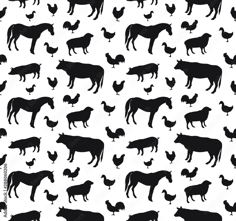 Obraz premium Vector seamless pattern of black domestic animals silhouette isolated on white background 