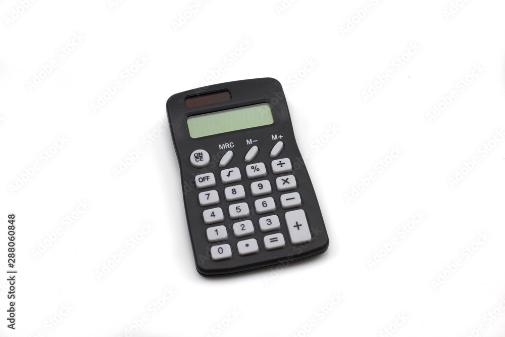 A small, black pocket calculator, shot close up in macro, on a clean, white background A small, black pocket calculator, shot close up in macro, on a clean, white background
