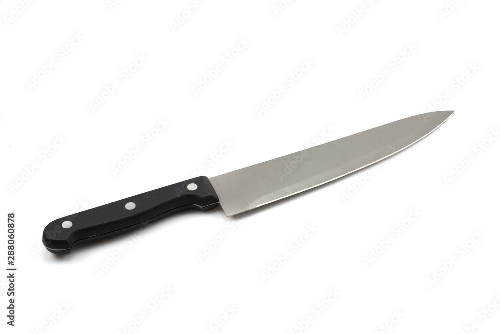 A macro, close up image of a black handled, stainless steel chef's knife shot against an isolated white background A macro, close up image of a black handled, stainless steel chef's knife shot against an isolated white background