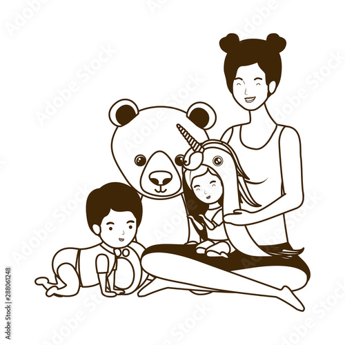 cute pregnancy mother with little kids characters
