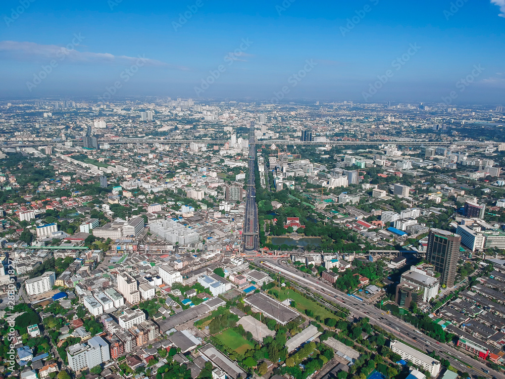 Aerial view of modern building skyscraper sunny day