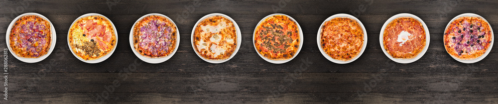 Eight different pizza set for menu or banner. Onion Pepperoni, Four Season, tuna and onion, four cheese, pizza with mushroom, margherita, egg and olive onions. Concept Pizza delivery service to home Eight different pizza set for menu or banner. Onion Pepperoni, Four Season, tuna and onion, four cheese, pizza with mushroom, margherita, egg and olive onions. Concept Pizza delivery service to home