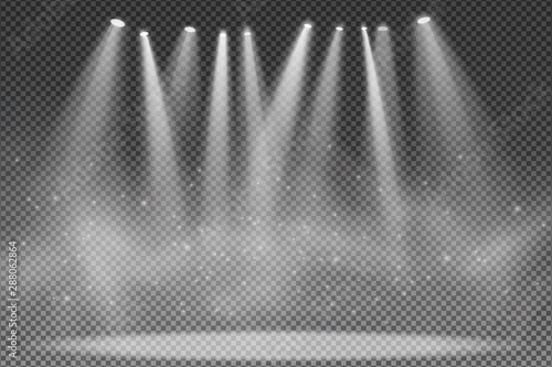 Spotlights isolated on transparent background. Floodlight for the podium. Light effect for a disco. Smoke with glowing particles. Grand show. Vector illustration