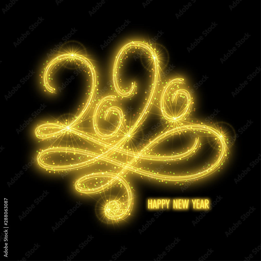 Shiny number 2020 made in sparkling sparklers style on black background. Design element for New year invitation or greeting card Shiny number 2020 made in sparkling sparklers style on black background. Design element for New year invitation or greeting card
