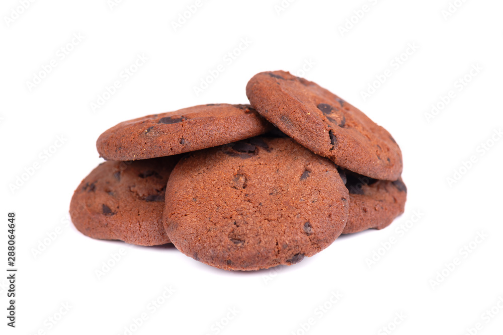 Double chocolate chip cookies isolated on white background. Cookies with chocolate drops. Sweet biscuits. Homemade pastry. Double chocolate chip cookies isolated on white background. Cookies with chocolate drops. Sweet biscuits. Homemade pastry.