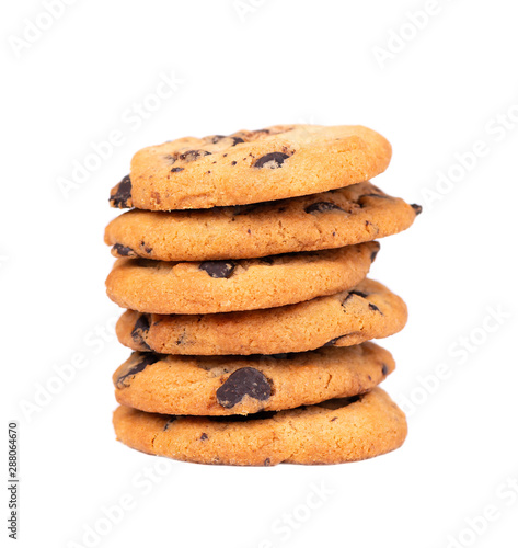 Chocolate chip cookie isolated on white background. Cookies with chocolate drops. Sweet biscuits. Homemade pastry.