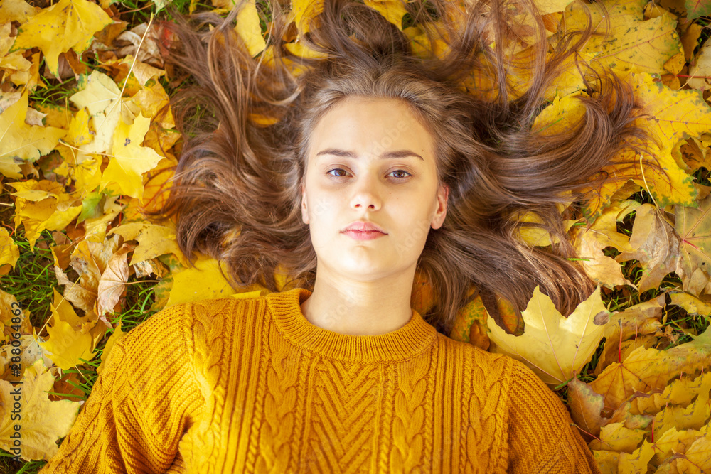 Beautiful girl in a yellow sweater lies on the grass with yellow leaves, woman lying on autumn leaves, outdoor portrait
