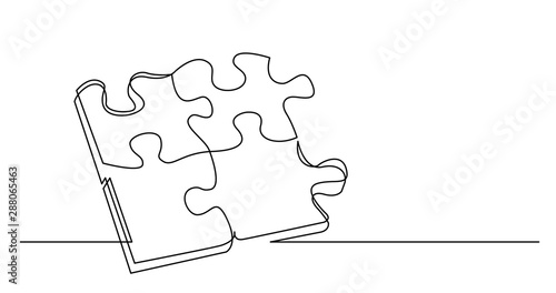 continuous line drawing of four puzzle pieces connected together as problem solution metaphor