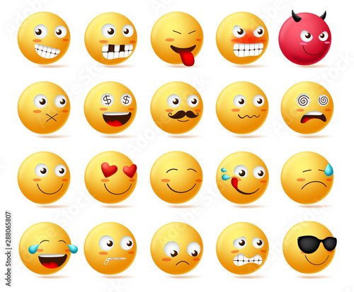 Smiley emoticon vector character face set. Smileys cute faces emoji in side view with happy, angry, scared, silent, sad, evil and inlove isolated in white background. Vector illustration.