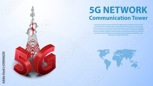 5g Communication Tower Wireless Hi-speed Internet with Data center with circuit board is background. LTE aerial network connection, fastest internet in future