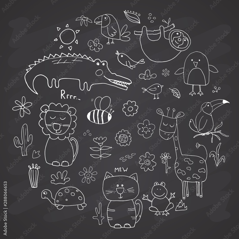 Animal Doodles Set. Cute Animals sketch. Hand drawn Cartoon Vector illustration on chalkboard background Animal Doodles Set. Cute Animals sketch. Hand drawn Cartoon Vector illustration on chalkboard background