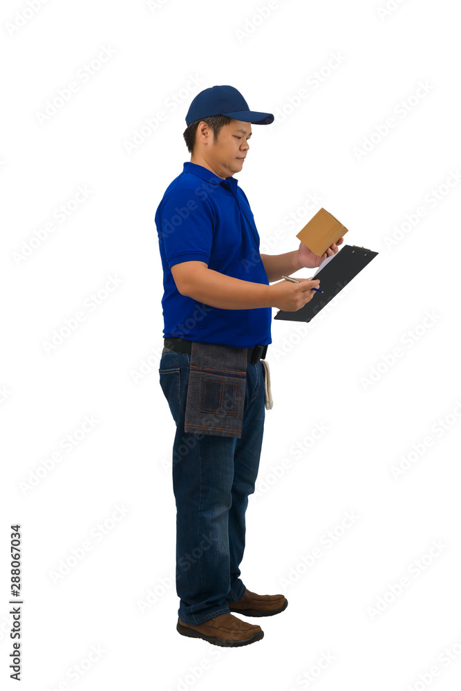 asian delivery man working in blue shirt with Waist bag for equipment isolated white background asian delivery man working in blue shirt with Waist bag for equipment isolated white background