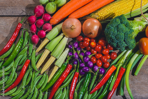 Backgroud of fresh food tasty and healthy varis vegetables are on the wooden table