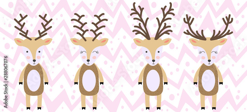 set of deers of hand draw illustration in scandinavian style. Collections of funny reindeer in cartoons style.