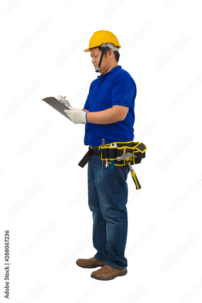 construction foreman in blue shirt with Protective gloves, helmet with tool belt hand holding clipboard and check the work list isolated on white construction foreman in blue shirt with Protective gloves, helmet with tool belt hand holding clipboard and check the work list isolated on white