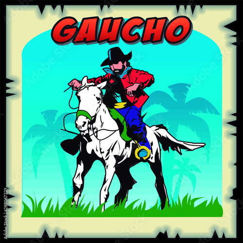 illustration of a horse mounted gaucho with nature palms in background. vector art Traditional