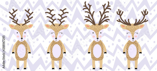 set of deers of hand draw illustration in scandinavian style. Collections of funny reindeer in cartoons style.
