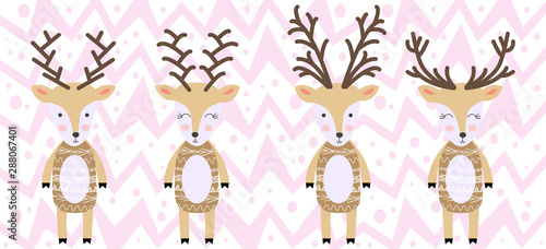 set of deers of hand draw illustration in scandinavian style. Collections of funny reindeer in cartoons style.