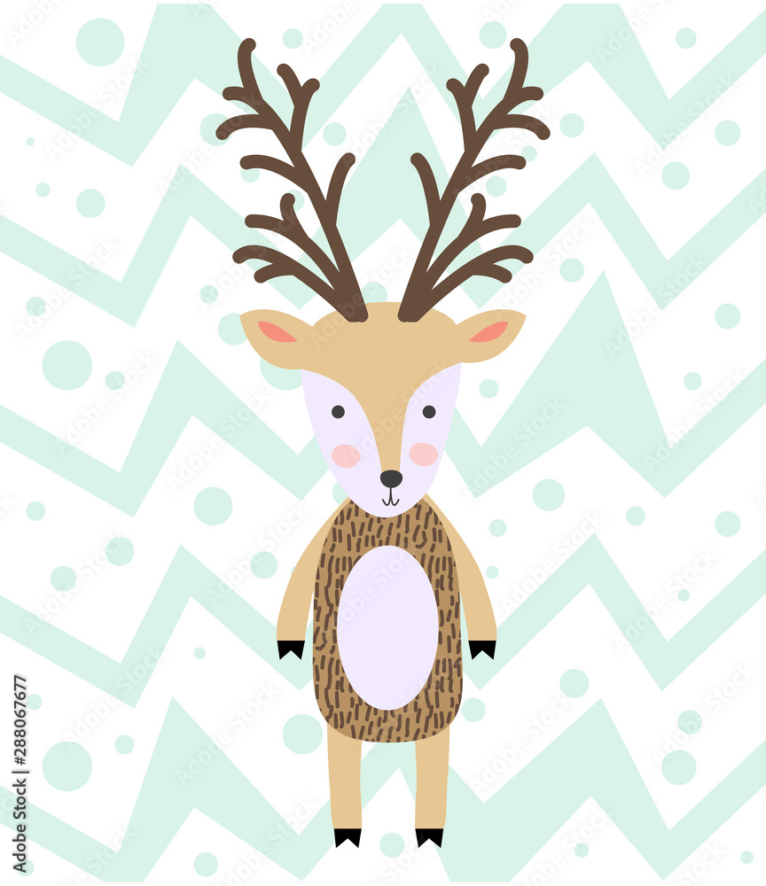 Naklejka premium poster with cartoon cute deer for kids in scandinavian style. postcard, label, brochure, flyer, page, banner design.