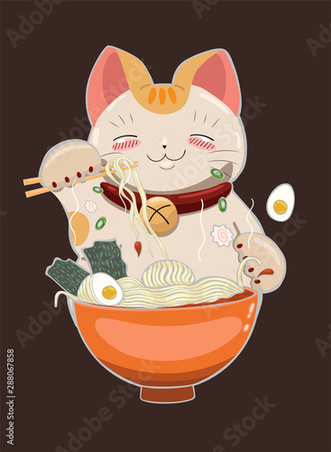 Cat eats ramen noodles with chopsticks. Vector graphics.
