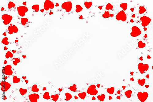 Frame with hearts for present carts design on white background top view space for text