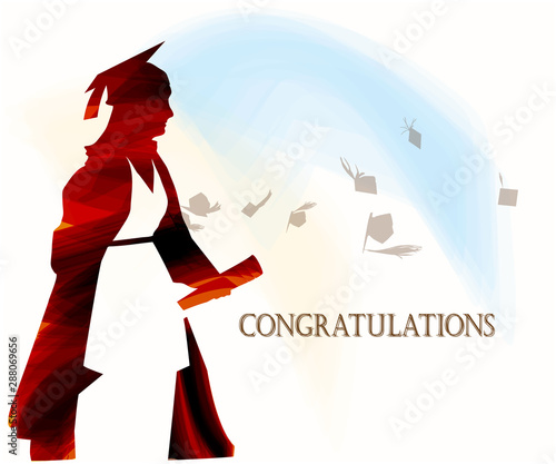 Graduate silhouette stylized with certificate and mortars