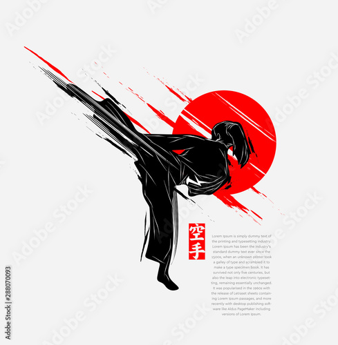 Martial arts silhouette character logo illustration. Foreign word in japanese means Karate.	 photo
