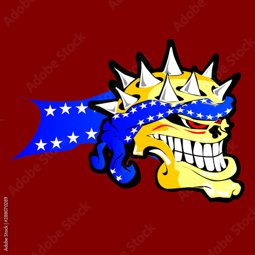 funny skull with headband with stars, cartoon for racing decal. Isolate for the background. Vector